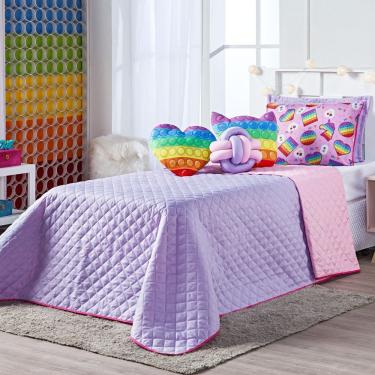 Imagem de Kit Cobre Leito Colcha Solteiro Pop It Lilás/rosa Dupla Face Com Almofadas Estampadas 0...