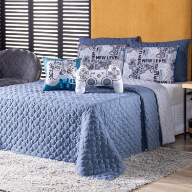 Imagem de Kit Cobre Leito Colcha Casal Game Start Azul Com Almofadas Estampadas 07 Peças - Dupla...