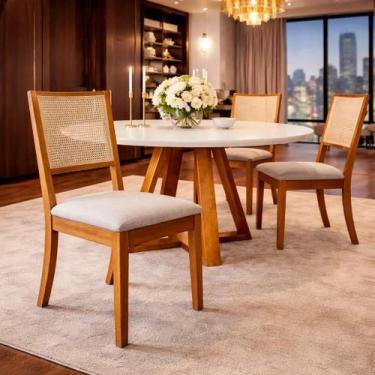 Imagem de Conjunto 6 Cadeiras de Jantar Estofadas Linho Bege com Palha Sextavada