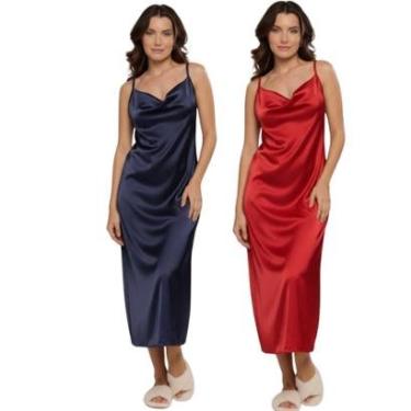 Imagem de KIT 2 Vestido Confortavel Feminino Serra e Mar Camisola Longa De Seda Cetim Moda Casual...