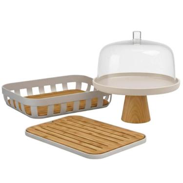 Imagem de Kit Café da Manhã Boleira Cúpula Bandeja Tábua Migalheira Bambu Lume Bege Ou