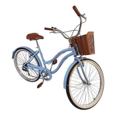 Imagem de Bicicleta Feminina Aro 26 Retrô 6V Com Cestinha Azul Bb - Maria Clara