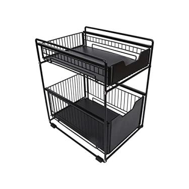 Imagem de Carrinho de cozinha sob a pia de cozinha tipo gaveta de armazenamento pode ser empurrado e puxado sob o armário, prateleira dupla telescópica rack de vegetais para cozinhas