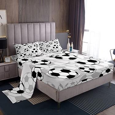 Imagem de Jogo de lençol de futebol futebol bola de futebol padrão esportivo roupa de cama para crianças, meninos, meninas, tema esportivo, jogo de cama, jogo de cama, jogo de competição, jogo de cama, coleção de quarto, 4 peças tamanho completo