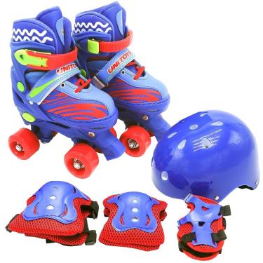 Imagem de Patins Infantil Quad 4 Rodas Com Kit Proteção Azul - Unitoys