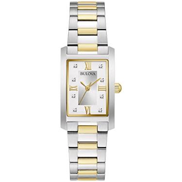 Imagem de Bulova Relógio feminino clássico de quartzo com 3 ponteiros de aço inoxidável em dois tons, retangular, Ouro bicolor, Diamante clássico