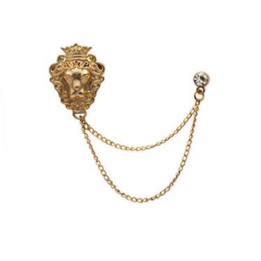 Imagem de A N KINGPiiN Broche de lapela para homens design de leão de latão dourado com broche de corrente, brincos de camisa acessórios masculinos, Metal