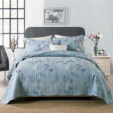 Imagem de Jogo de cama floral 3 peças acolchoado vintage colcha azul queen conjunto de lençóis inclui 1 cama 2 fronhas novo