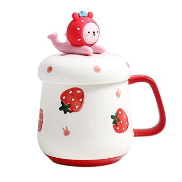 Imagem de Caneca de gato com tampa e colher 3D linda xícara de chá de café de cerâmica conjunto de caneca de casal presente de aniversário para professores, mães, amigas, amantes, (morango, 400 ml)