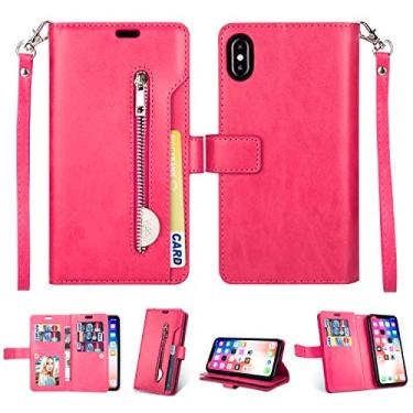 Imagem de Capa para iPhone XR, carteira de couro PU Folio Flip Case com zíper bolso slots para cartão fecho magnético capa protetora à prova de choque com alça de pulso para iPhone XR (rosa vermelha)