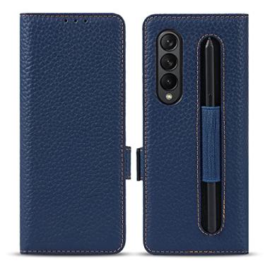 Imagem de LVCRFT Capa carteira para Samsung Galaxy Z Fold 3, capa de couro genuíno premium, com compartimento S Pen, compartimento para cartão capa protetora magnética flip capa, azul