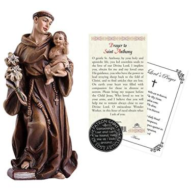 Imagem de Estatueta de estátua de Santo Antônio de Pádua (10 cm), cartão de oração laminado, moeda de bolso de Santo Antônio, cartão de oração do Senhor | conjunto de 4 itens padroeiro das coisas perdidas