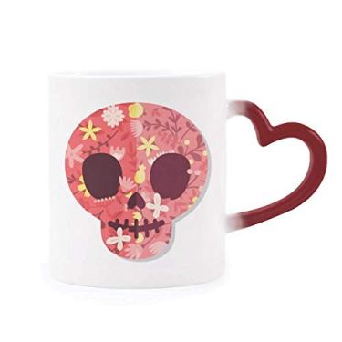 Imagem de Caneca de grés rosa crânios México Dia dos Mortos sensível ao calor Caneca vermelha que muda de cor