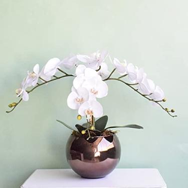 Imagem de Arranjo de Flores Artificiais Orquídeas Silicone Brancas no Vaso Vidro Bronze