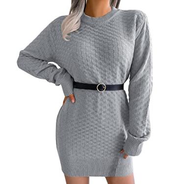 Imagem de Metaxas Vestido feminino sexy com gola redonda e quadril de lã manga longa casual solto pulôver grande suéter vestidos, Cinza, G