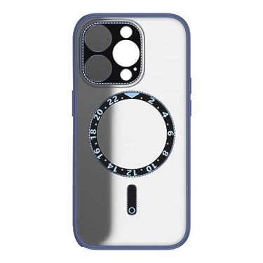Imagem de HAZARA Capa fina para iPhone 14 Pro Max/14 Plus/14 Pro/14, capa de proteção de lente de liga, capa traseira de disco magnético para relógio, azul, 14 Plus de 6,7 polegadas