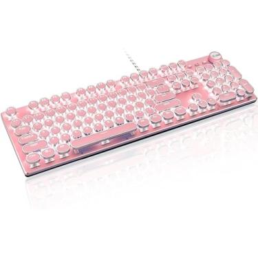 Imagem de LexonElec Teclado mecânico retrô com fio estilo máquina de escrever, teclado Steampunk vintage com retroiluminação branca, interruptor azul de 104 teclas, controle de botão redondo para PC/Windows/Mac