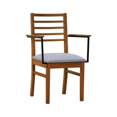 Imagem de Cadeira Tiê Madeira Maciça Encosto Ripado C-braço Metal - Amêndoa Assento Estof. Linho Cinza Mescla Impermeável