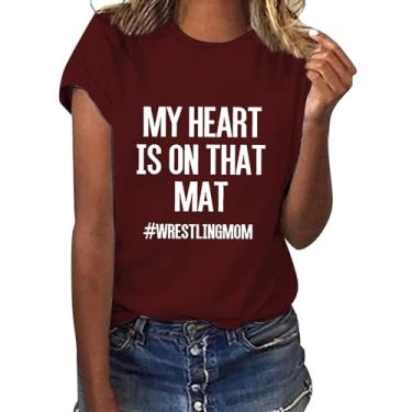 Imagem de Camiseta feminina My Heart is on That mat wrestlingmom 2024 verão casual macia com frase blusa leve, Vinho, G