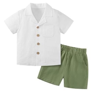 Imagem de Weixinbuy Conjunto de roupas para bebês meninos, roupa de verão, algodão, linho, manga curta, camiseta com bolso superior, camisa de botão, conjunto curto, Branco e verde nº 2, 2-3 Anos