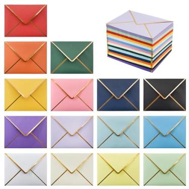 Imagem de VANRA Envelopes de convite coloridos com 150 peças, autovedantes, A2, abas em V com borda dourada para cartões comemorativos de 10 x 13 cm, convites de casamento, formaturas, fotos (15 cores sortidas,
