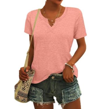 Imagem de Camisetas femininas de manga curta para primavera verão roupas casuais com gola V, Rosa coral, P