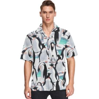 Imagem de Camisas havaianas masculinas manga curta Aloha Beach Camisa Penguin floral verão casual camisa de botão, Multicolorido, XG