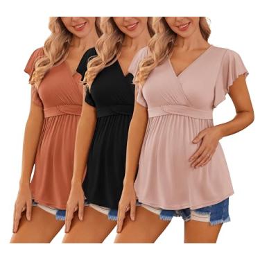 Imagem de Ekouaer Camisetas femininas para gestantes, pacote com 3, camisetas voadoras de manga curta, gola V, roupas para gravidez, Preto + rosa + caramelo (3 peças), M