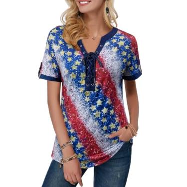 Imagem de Camiseta feminina com bandeira americana de 4 de julho, listras estrelas, gola V, manga curta, gola V, Azul paetê, G