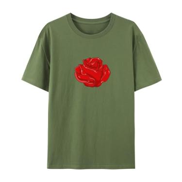 Imagem de Camiseta com estampa rosa rosa para homens e mulheres para o amor, Verde militar, XXG