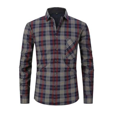 Imagem de Askdeer Camisa masculina de flanela de ajuste regular, camisas de pelúcia xadrez, manga comprida, camisa casual com bolso, Painel vermelho cinza A01, G