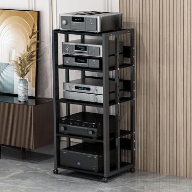 Imagem de Suporte de mídia AV móvel de 3/4/5 camadas Prateleira de canto Suporte para CD Player Gabinete de armazenamento de componentes estéreo Torre de rack de áudio com prateleiras de madeira ajust