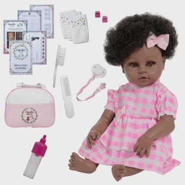 Imagem de Bebê Reborn Menina Cabelo Cacheado Vestido Xadrez 20 Itens - Cegonha R