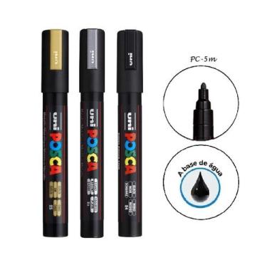 Imagem de Caneta Posca PC-5M Ponta Media Preto, Ouro e Prata - UNIBALL