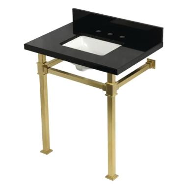 Imagem de Kingston Brass Pia de console de granito preto KVPK30KSQ7 Monarch 76 cm com pernas de aço inoxidável, granito preto/latão escovado
