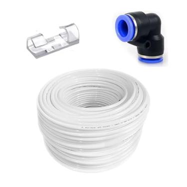 Imagem de Conexão Engate Rápido União L 1/4 + Mangueira Atóxica 1/4 + Clips Adesivo para Organizar Mangueiras (Engate Preto, 04 Metros Mangueira e 08 Clips)