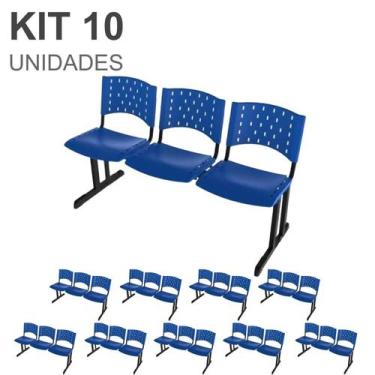Imagem de Kit 10 Cadeiras longarinas PLÁSTICAS 03 Lugares - COR AZUL  - REALPLAS