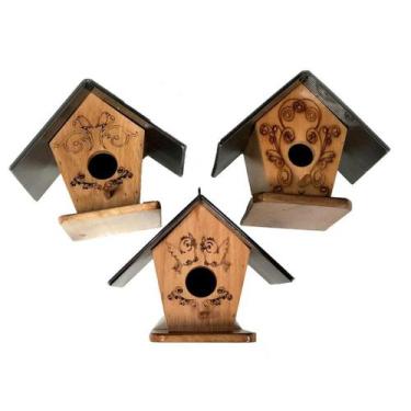 Imagem de Ninho Casinha Pássaro Gravado Laser Telhado Policarbonato (3un) - Cia 