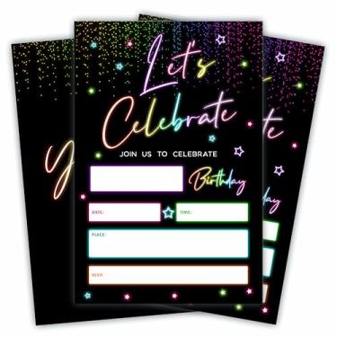 Imagem de JCVUK Let's Celebrate! Convites de aniversário a laser - neon brilhante retrô - 20 peças de cartões de convite e envelopes de preenchimento dupla face para meninos, meninas, lembrancinhas de festa de