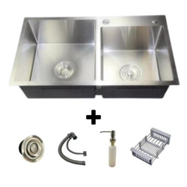 Imagem de Cuba Dupla 78x43 Inox Escovado Quadrada C/ Acessórios - Casa Moliê