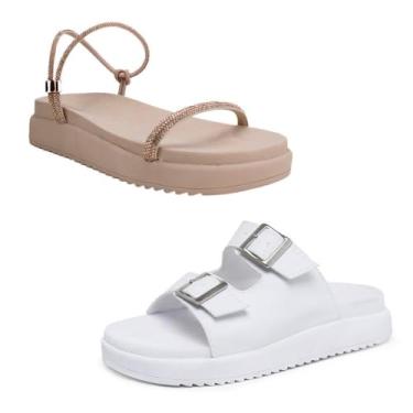 Imagem de Novo Hábito, Kit 2 Sandália Feminina Papete Tiras Strass & Papete Fivela Cor:Bege e Branco;Tamanho:40