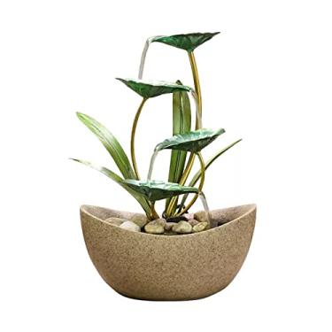 Imagem de Fonte de mesa Fonte de mesa 4 camadas interior ferro verde folha de lótus fontes de relaxamento cachoeira escritório decoração de casa fonte interior