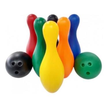 Imagem de Brinquedo Jogo Boliche Grande Infantil Colorido 6 Pinos 2 Bolas - Toym