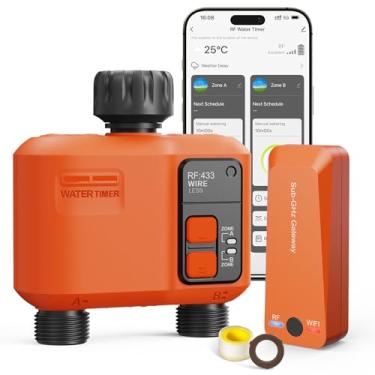 Imagem de Temporizador de água WiFi para mangueira de jardim com alcance de 300 metros, temporizador inteligente de irrigação de 2 zonas, controle remoto e aplicativo, controle de voz, atraso de chuva, sistema