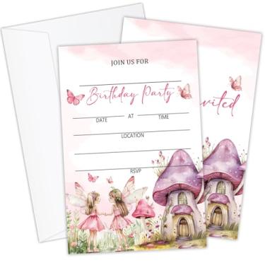 Imagem de Lesixur Convite de aniversário de fada rosa com envelopes, jardim encantado dupla face preencher cartões de convites de aniversário, lembrancinhas de festa e decoração para meninos meninas-SAG10