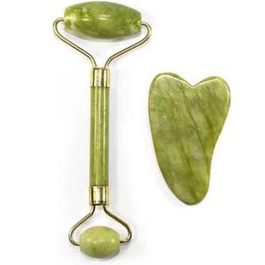 Imagem de Rolo Pedra Jade Placa Gua Sha Massageador Facial - Aqui tem Guria