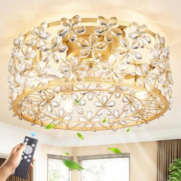 Imagem de Wheatronic Ventilador De Teto Gold Fandelier Com Luz E Controle Remoto, Ventilador De Teto De Cristal De 18 Polegadas Com Lustre Embutido Para Quarto, Cozinha E Sala De Estar