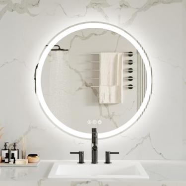 Imagem de WOSEKBATHAL Espelho De Banheiro Com Luzes, Espelho Redondo De Led De 28 Polegadas Para Banheiro, Espelho De Penteadeira Com Luzes, Antiembaçante E 3 Cores, Espelho De Banheiro De Parede (28" C X 28