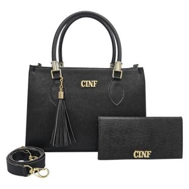 Imagem de Bolsa Feminina Média de Ombro + Carteira Kit Com 2 Peças - CINF, Preto
