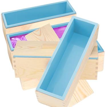 Imagem de ZOENHOU 3 moldes de sabonete azul com tampas de 1,20 ml, kit de moldes de sabonete de silicone retangular flexível com caixa de madeira, conjunto de ferramentas DIY para fabricação de sabonete